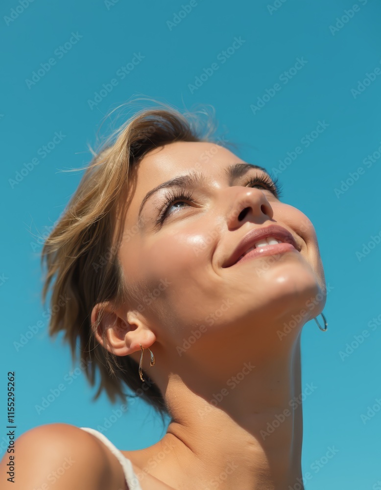 A woman looking up at the sky with her eyes closed A woman looking up at the sky with her eyes closed