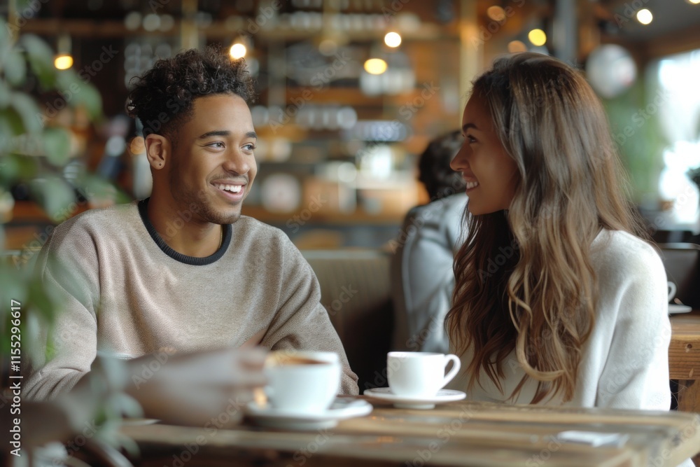 A smiling couple enjoys coffee at a cozy café, surrounded by a warm and inviting atmosphere. They share a joyful moment together. A smiling couple enjoys coffee at a cozy café, surrounded by a warm and inviting atmosphere. They share a joyful moment together.