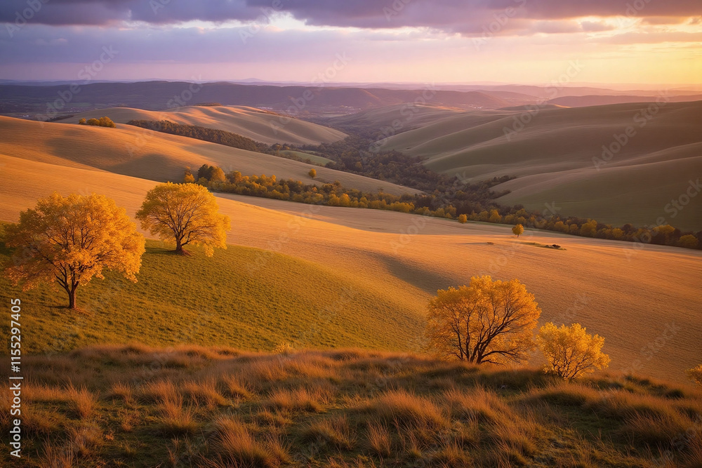 Obraz premium Landscape dawn dusk rolling golden green autumn winter trees