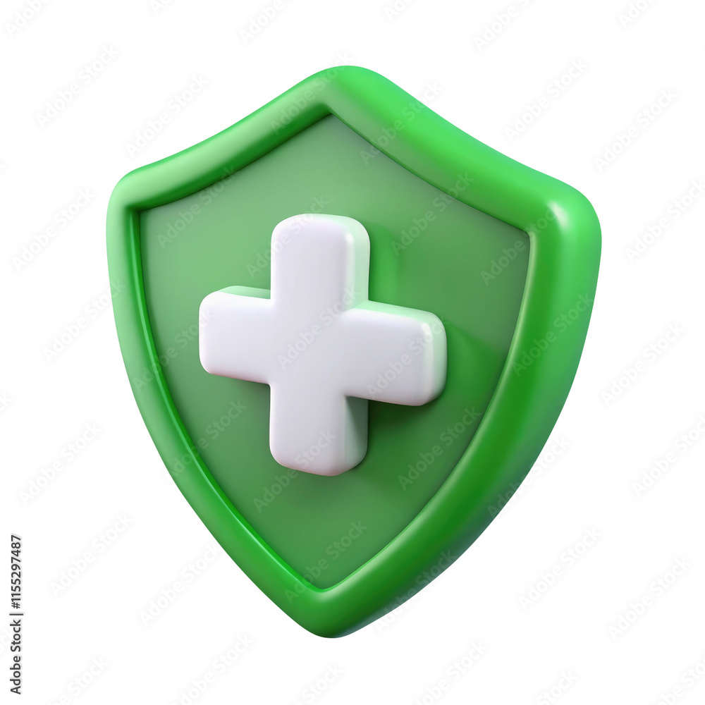 Fototapeta premium Green shield icon with a medical cross 3d icon in cartoon plastic style minimal isolated on transparent white background, clipping path