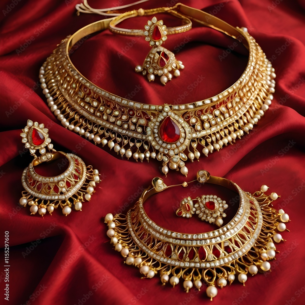 Close-up of a traditional Indian bridal gold jewelry set with intricate designs, including necklace, earrings, and bangles, displayed on a velvet background,Generative Ai
Close-up of a traditional Indian bridal gold jewelry set with intricate designs, including necklace, earrings, and bangles, displayed on a velvet background,Generative Ai