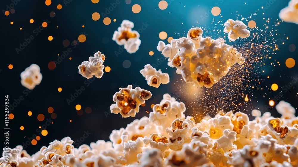 A dynamic, close-up shot of popcorn kernels exploding with a backdrop of blurred golden lights, creating a festive and whimsical atmosphere. A dynamic, close-up shot of popcorn kernels exploding with a backdrop of blurred golden lights, creating a festive and whimsical atmosphere.