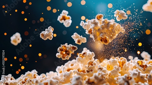 A dynamic, close-up shot of popcorn kernels exploding with a backdrop of blurred golden lights, creating a festive and whimsical atmosphere.