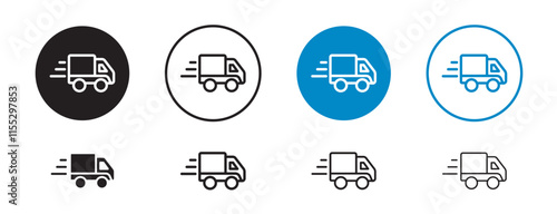 Set of 8 "Delivery" icons with an unexpanded vector & 1 silhouette - Delivery van icon with smooth rounded edges n cargo compartment symbolizing transportation logistics n fast delivery services