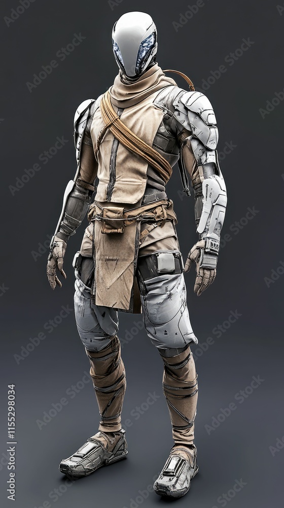 Fototapeta premium Futuristic armored figure, beige and white, stands.