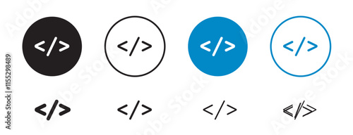 Set of 8 "Code" icons with an unexpanded vector & 1 silhouette - Code icon featuring angled brackets with simple design symbolizing programming development n coding languages