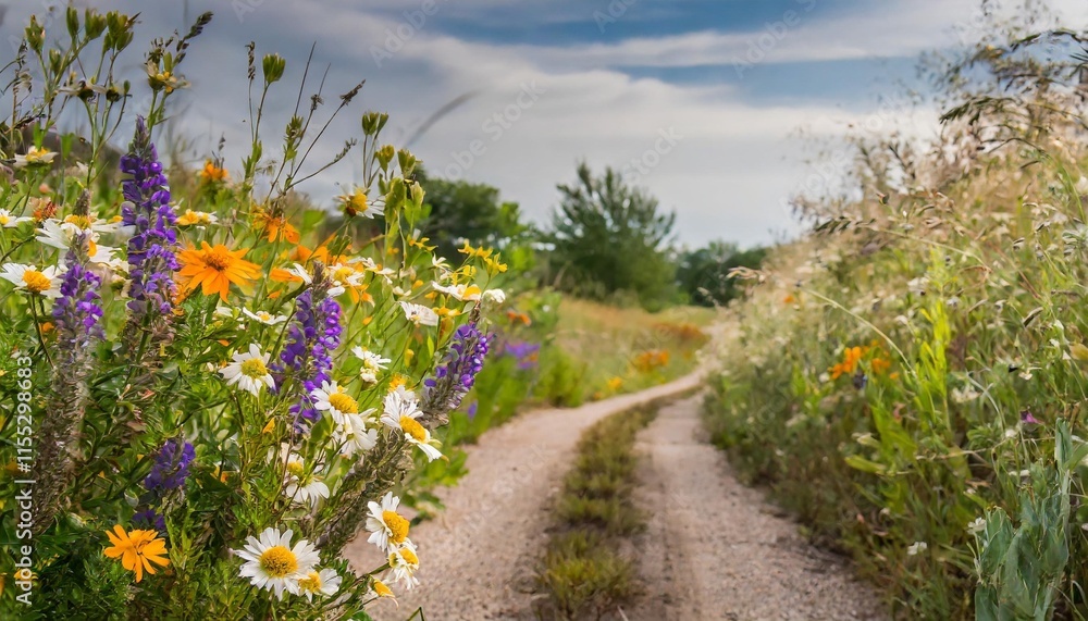 Obraz premium Summer wildflower meadow with winding dirt path, vibrant purple lupines and white daisies in rural countryside landscape, scenic nature trail under blue sky for travel and hiking themes.