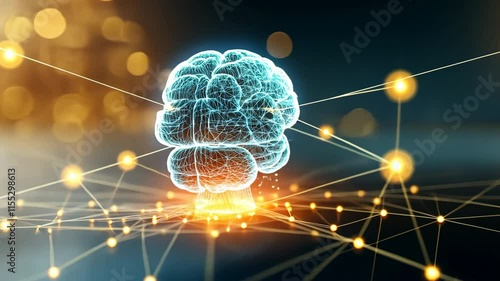 The image showcases a 3D blue glowing human head model surrounded by a complex network of connections and data processing on a glowing background