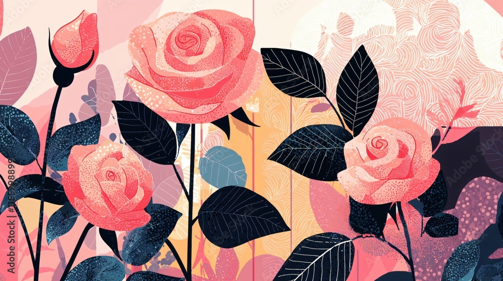 Fototapeta premium Vibrant Artistic Floral Design with Pink Roses and Abstract Background