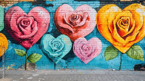 Colorful Heart and Rose Mural on Brick Wall in Urban Setting