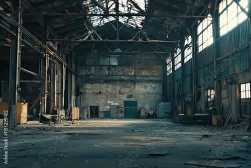 Abandoned industrial hall interior slung derelict forsaken outcast photo