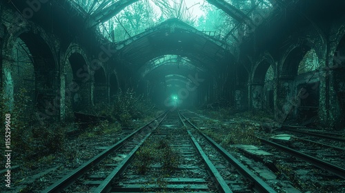 Abandoned train station interior slung derelict forsaken outcast photo