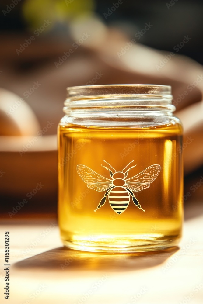 Honey jar displaying bee icon in kitchen setting Honey jar displaying bee icon in kitchen setting