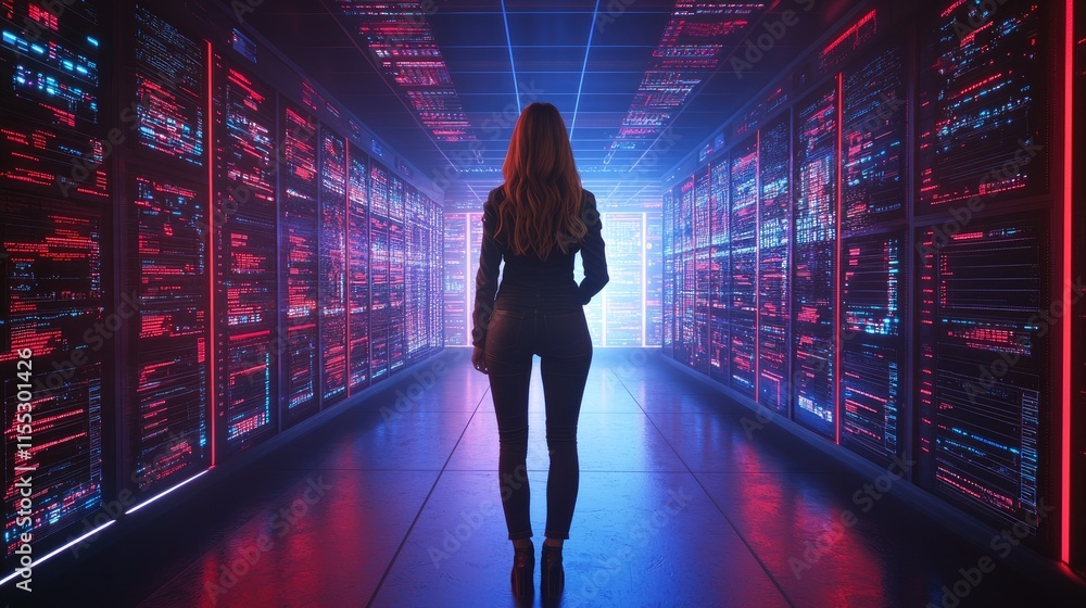 Woman in Professional Attire Surrounded by Futuristic Data Servers, Exploring Technology and Digital Innovation in a Modern Data Center Environment Woman in Professional Attire Surrounded by Futuristic Data Servers, Exploring Technology and Digital Innovation in a Modern Data Center Environment