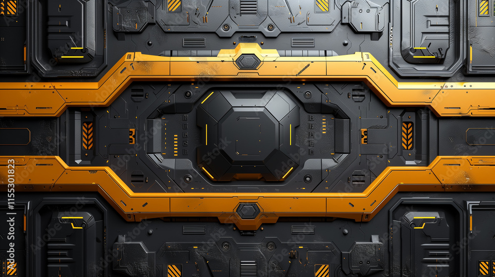 Close-up of a futuristic sci-fi industrial metal panel featuring bold yellow accents Close-up of a futuristic sci-fi industrial metal panel featuring bold yellow accents