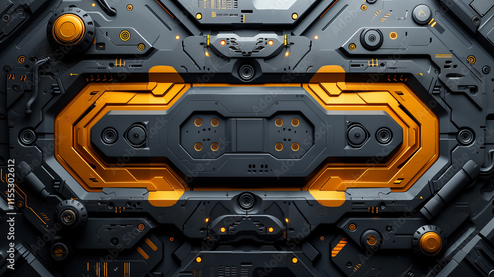 Fototapeta premium Close-up of a futuristic sci-fi industrial metal panel featuring bold yellow accents