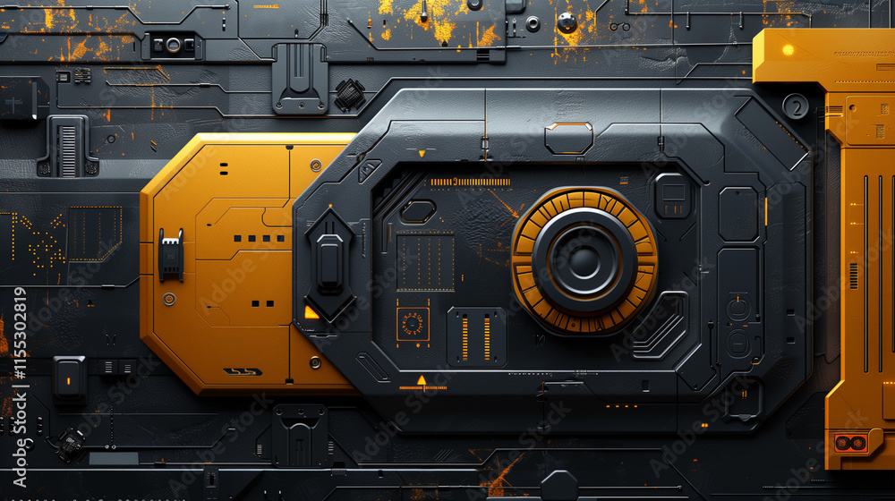 Close-up of a futuristic sci-fi industrial metal panel featuring bold yellow accents Close-up of a futuristic sci-fi industrial metal panel featuring bold yellow accents