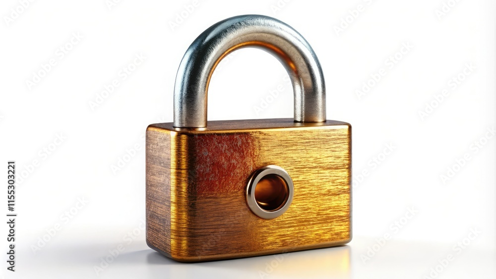 High-resolution image: a sturdy metal padlock, key in place, isolated on a pristine white background. High-resolution image: a sturdy metal padlock, key in place, isolated on a pristine white background.