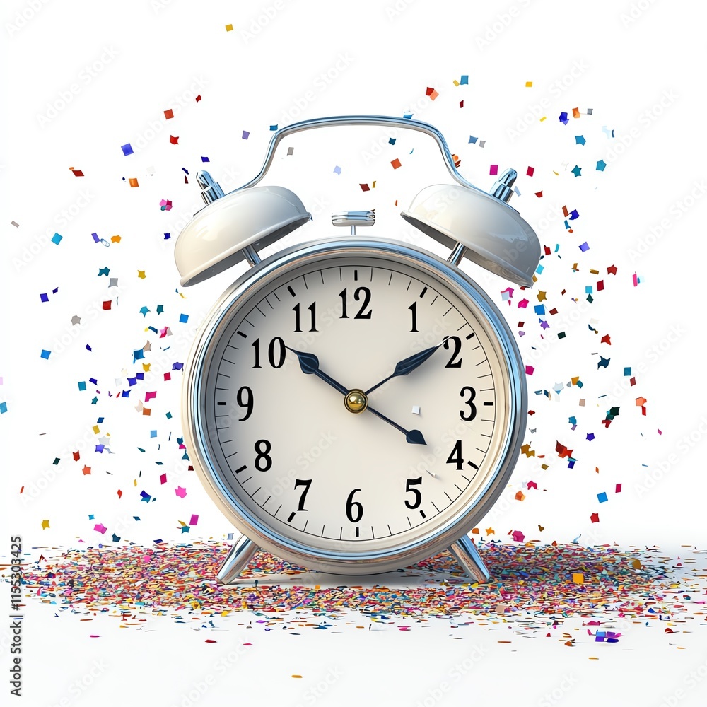 A silver alarm clock surrounded by colorful confetti, symbolizing celebration and the passage of time. A silver alarm clock surrounded by colorful confetti, symbolizing celebration and the passage of time.