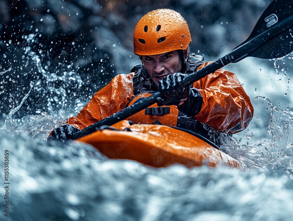 Fototapeta premium Dramatic Whitewater Kayaking Action Capturing Risk Adrenaline and Human Strength Against Nature