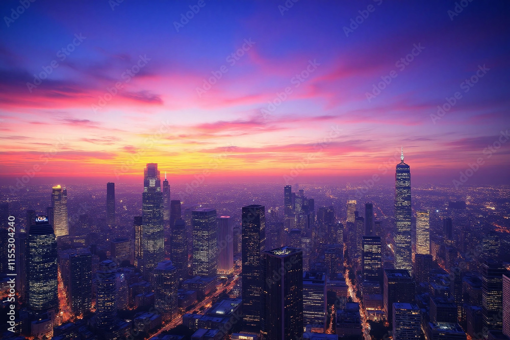 Fototapeta premium Cityscape sunset skyscrapers high-rise glass steel concrete sky