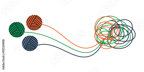 Three colorful tangles chaotically tangled together. Chaos and order. Tangled jangle, Tangled thoughts. Counselling, psychology, support concept. Coaching, mentoring or psychotherapy. Problem solving.