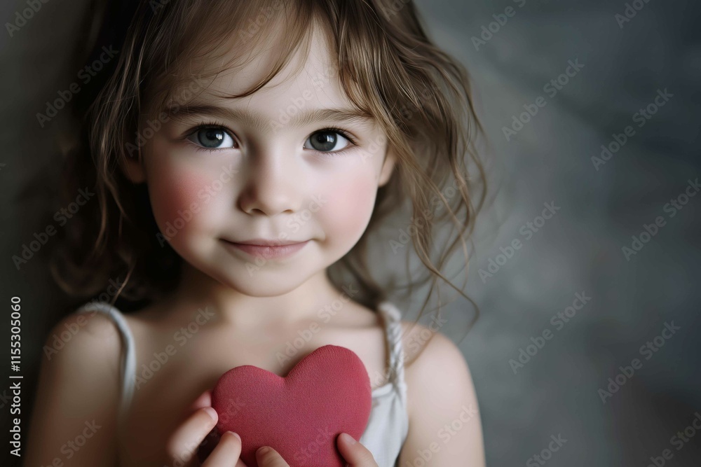 Portrait little girl with a subtle smile and a heart shape on her chest. Space for copy Portrait little girl with a subtle smile and a heart shape on her chest. Space for copy