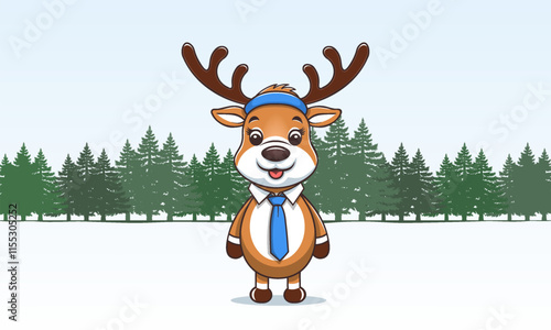 Wallpaper Mural Vector cartoon comic funny cute kind smiling little deer in headband and blue tie. Graphic simple coniferous forest. Toon animal Torontodigital.ca