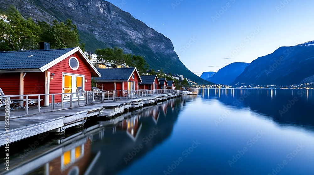 Fototapeta premium Scenic Red Cabins on Calm Fjord at Twilight