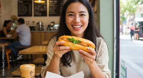 Woman smiling happily while eating a delicious sandwich