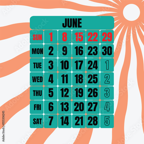 Letter calendar for June 2025. The week begins on Sunday. Time, planning and schedule concept. Flat design. Removable calendar for the month. Vector illustration
