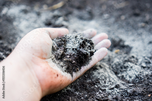 Hand holding rock dust for soil improvement in a raised garden bed photo