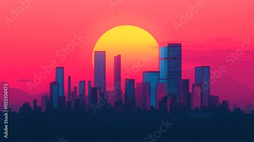 A vibrant city skyline at sunset, symbolizing digital adoption with glowing digital billboards and interconnected skyscrapers.