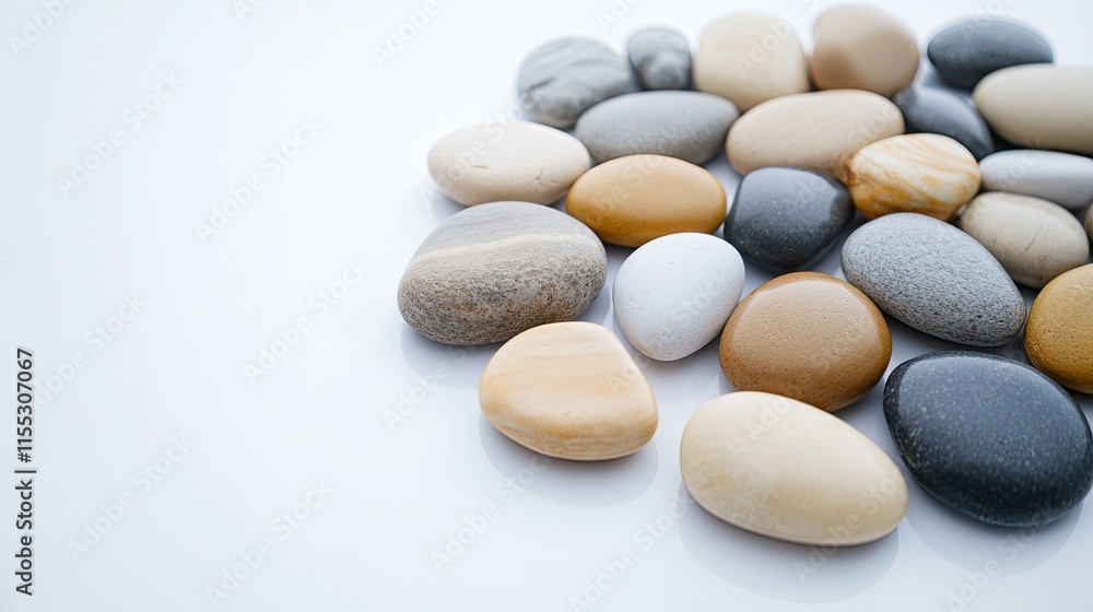 Collection of Smooth Pebbles on White Background for Decorative and Natural Elements in Home or Garden Design, Perfect for Craft and Art Projects Collection of Smooth Pebbles on White Background for Decorative and Natural Elements in Home or Garden Design, Perfect for Craft and Art Projects
