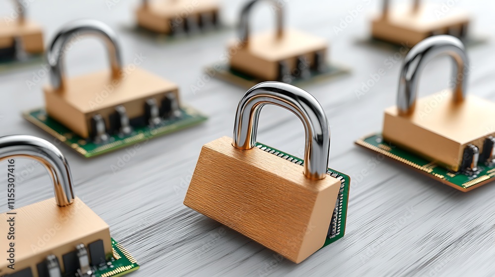 Naklejka premium Secure Data Cyber Security Padlock on Circuit Board