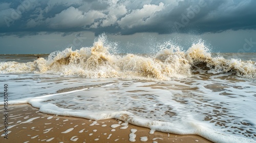 Dramatic ocean waves crashing on sandy beach under stormy sky.