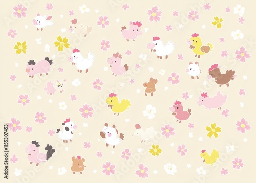 Isolated on a white background in a flat style, the modern illustration features a collection of cute cartoon farm animals including sheep, goats, cows, donkeys, horses, pigs, cats, dogs, ducks,
