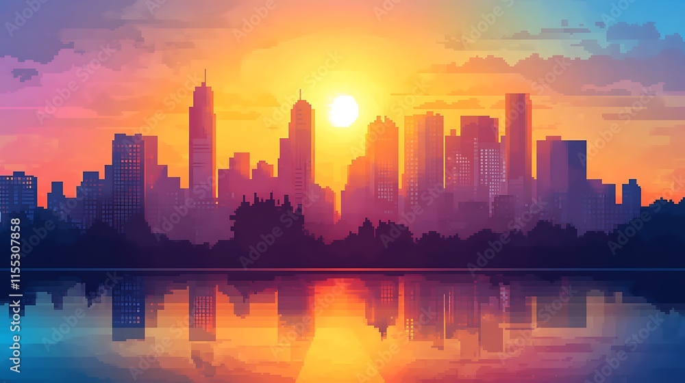 Fototapeta premium Vibrant Cityscape Sunset: A Stunning Digital Painting in Warm, Dreamlike Hues. AI Generated