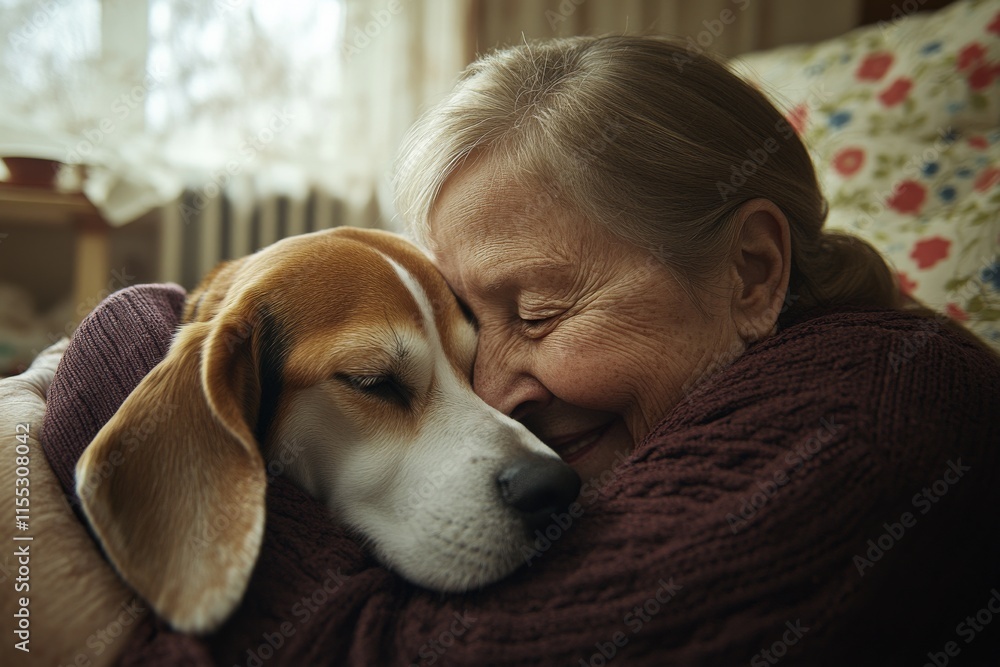 With a warm smile and wrinkles that tell stories, the retired senior woman is closely embracing her Beagle dog, basking in the joy of their time together at home With a warm smile and wrinkles that tell stories, the retired senior woman is closely embracing her Beagle dog, basking in the joy of their time together at home