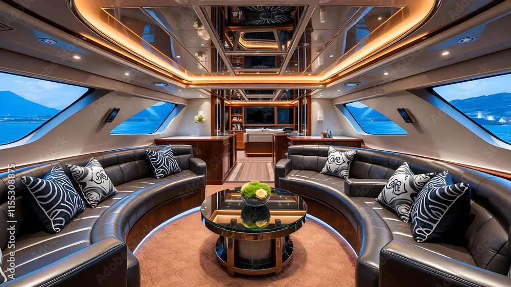Fototapeta premium VIP lounge inside a luxury yacht featuring curved leather sofas, glass tables, and designer decor. Generative AI