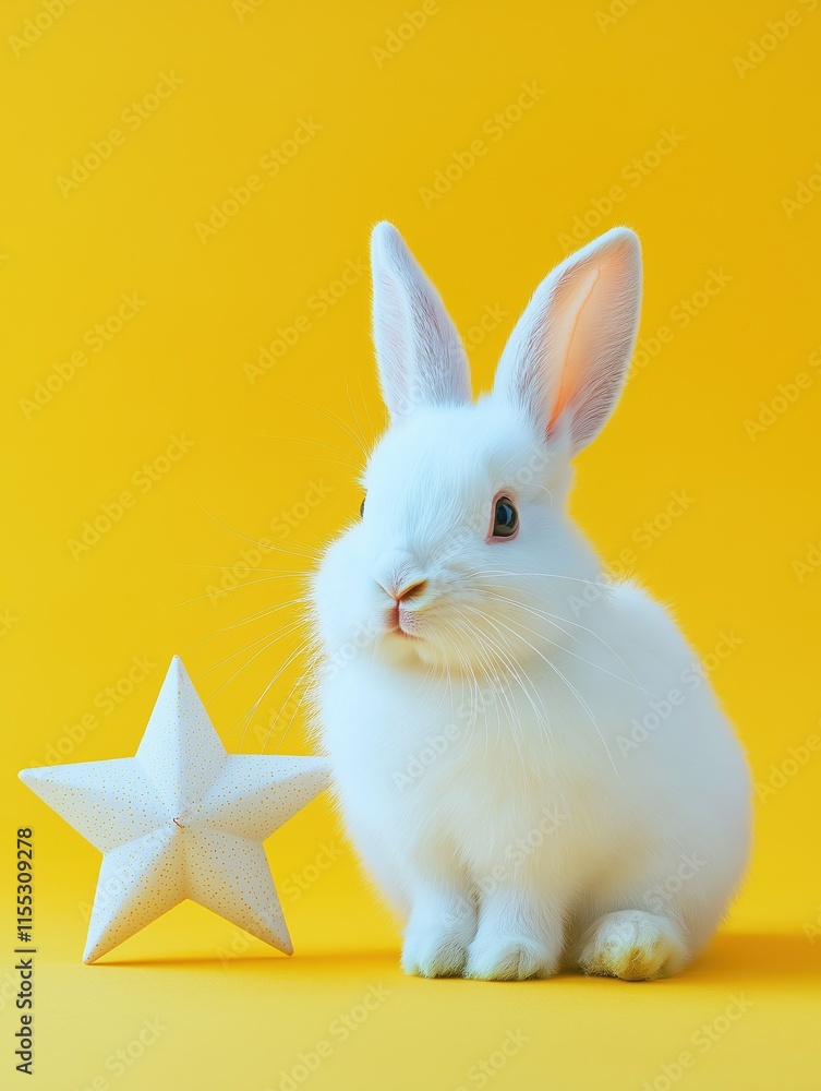 Obraz premium Bunny sits beside a pastel star decoration for an Easter celebration on a bright yellow background