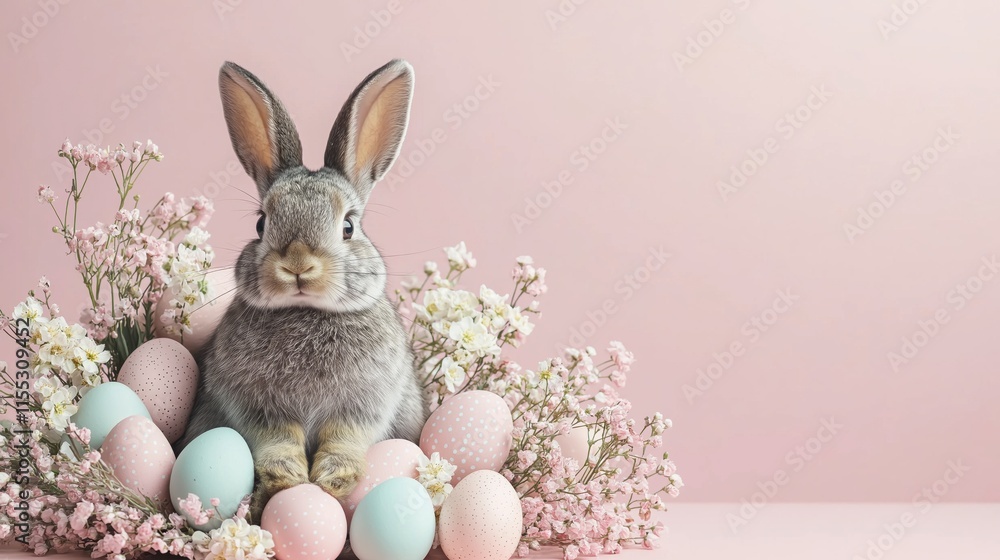 Fototapeta premium Cute bunny resting among pastel eggs and delicate flowers in a soft setting for springtime celebration
