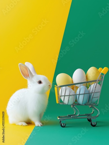 Minimalist Easter-themed composition with a rabbit beside a shopping cart filled with colorful eggs