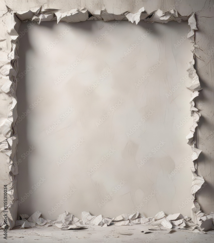 Fototapeta premium Aged white paper wall, heavily creased, ripped edges, blank space , vintage, overlay, worn