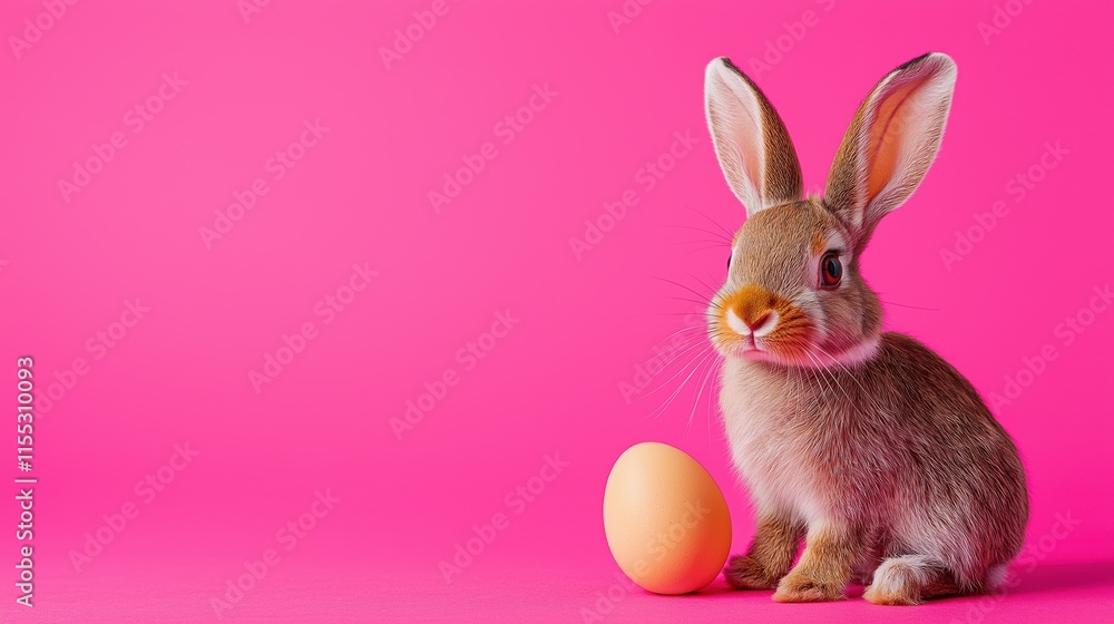 Obraz premium Small bunny with pastel ears sits beside an egg against a vibrant pink backdrop for a cheerful spring vibe