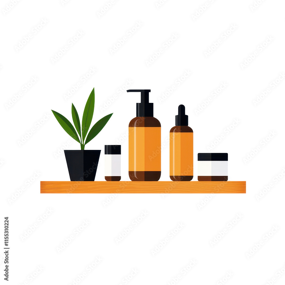 A collection of skincare products arranged on a shelf, featuring various bottles and a small plant for a natural touch. A collection of skincare products arranged on a shelf, featuring various bottles and a small plant for a natural touch.