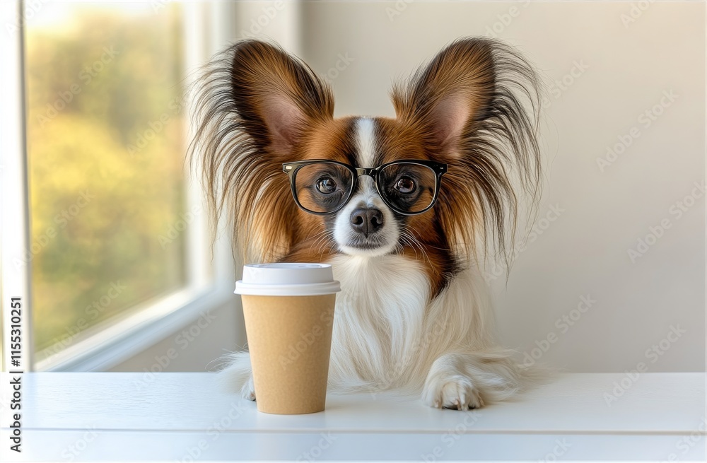 The Continental Toy Spaniel Papillon is bravely working on a silver laptop while sipping coffee The Continental Toy Spaniel Papillon is bravely working on a silver laptop while sipping coffee