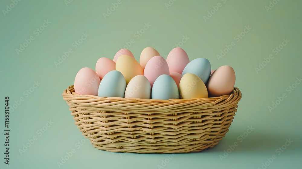 Wicker basket overflowing with pastel-colored Easter eggs on a soft green background Wicker basket overflowing with pastel-colored Easter eggs on a soft green background