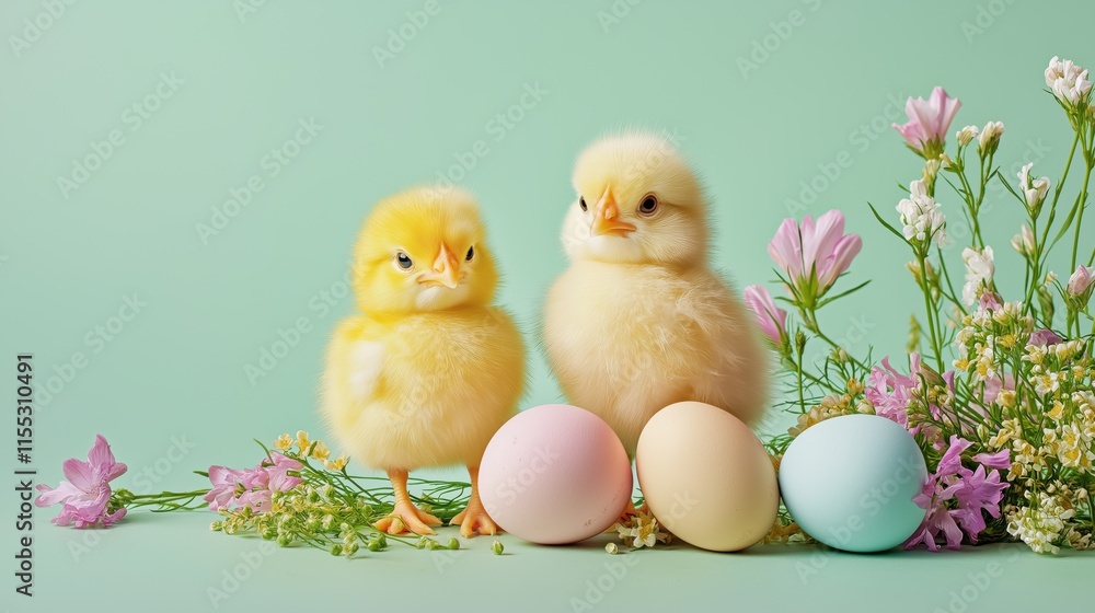 Fluffy yellow chicks standing beside colorful eggs and flowers in a spring setting Fluffy yellow chicks standing beside colorful eggs and flowers in a spring setting