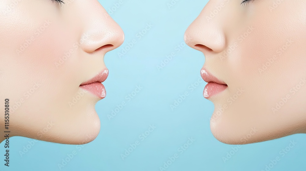 Obraz premium Close-up of Two Female Faces in Profile Against a Soft Blue Background Highlighting Symmetry and Beauty of Natural Skin and Features